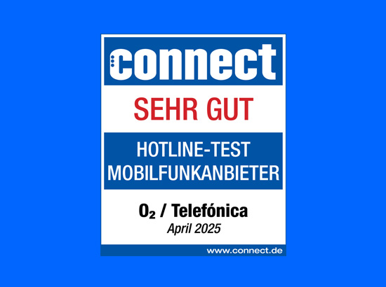 connect Siegel April 2025: Sehr gute Wertung für o2 Telefónica im Hotline-Test Mobilfunkanbieter. Link: LinkedIn Beitrag zum connect Hotline-Test - linkedin.com